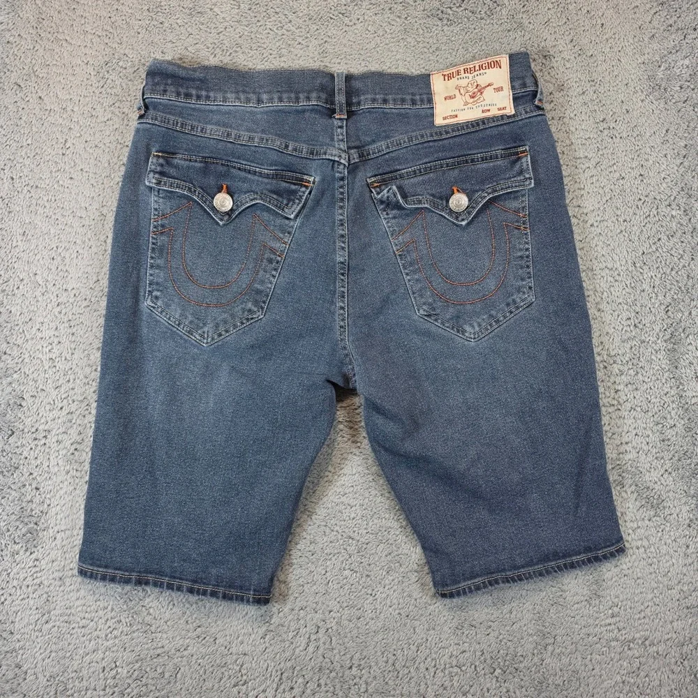 True Religion Ricky Denim Shorts Men 32 Blue Relaxed Straight Horseshoe Flap Pkt